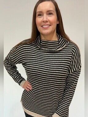 Striped Black and Cream Cowl Neck Sweater
